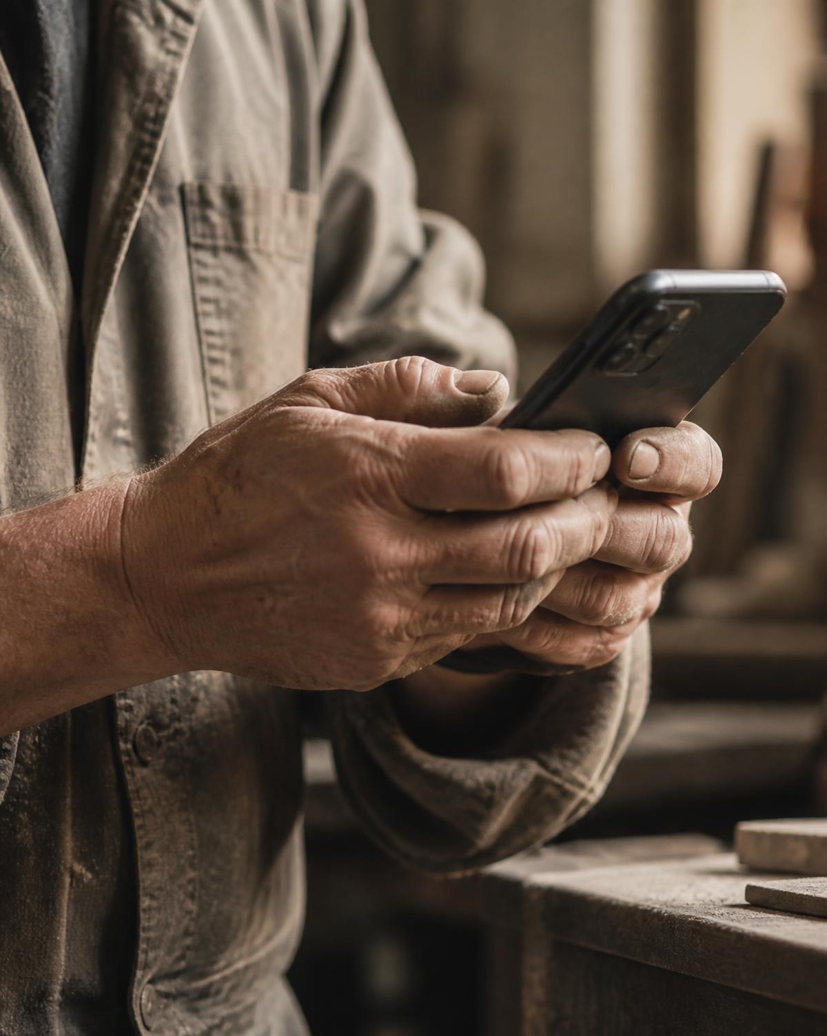 Artisan consultant son téléphone dans son atelier